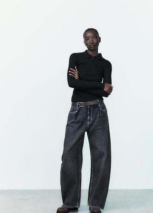 Лонгслив в рубчик zara, футболка в рубчик із коміром поло zara, чорний лонгслів з блискавкою zara