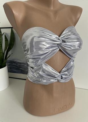 Топ срібний бондо металік танцювальний відкритий блискучій вечірній діско