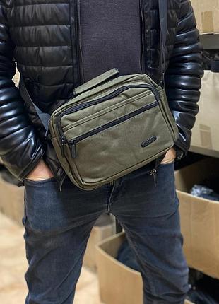 Чоловіча зелена сумка через плече барсетка хакі багато відділень commander