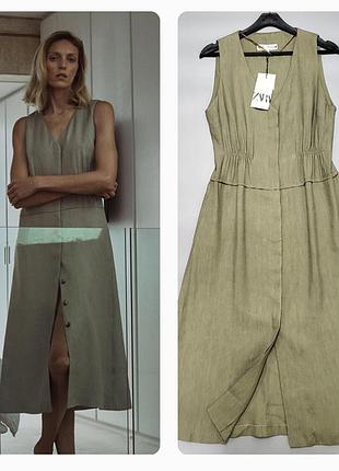 Платье миди из смесового льна zara - xs, s