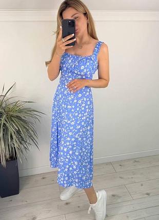 Жіночий блакитний сарафан в квітковий принт | 518
