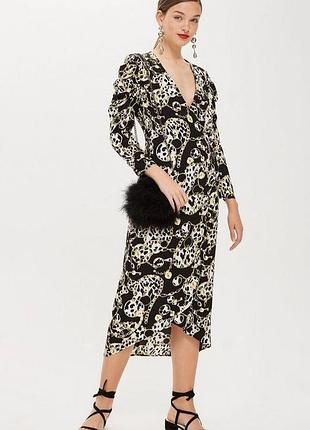 Черное платье с принтом на запах с длинными рукавами от topshop