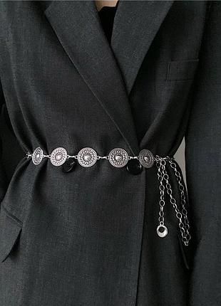 Пояс металевий бохо срібний колір  ланцюжок на стегна талію монетки бодічейн етно