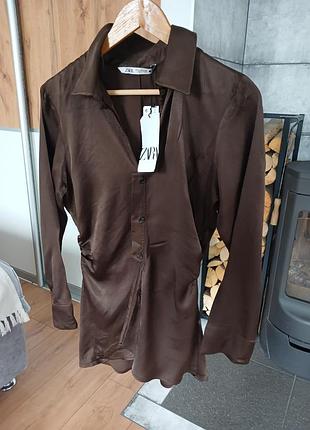 Сатинова сорочка шоколадного кольору zara🤎