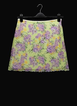 Спідниця міні з легкої еластичної сіточки "prettylittlething" лаймова у квіточку, uk14/eur42