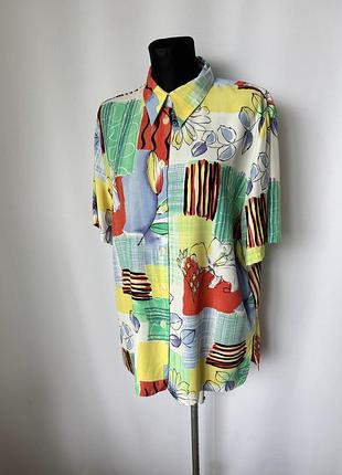 Винтажная рубашка блуза 90е яркая летняя вискоза короткий рукав принт узор блузка короткий рукав