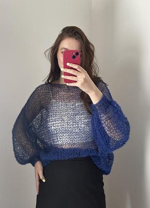 Невагомий мохеровий синій оверсайз светр павутинка хмаринка ручної роботи