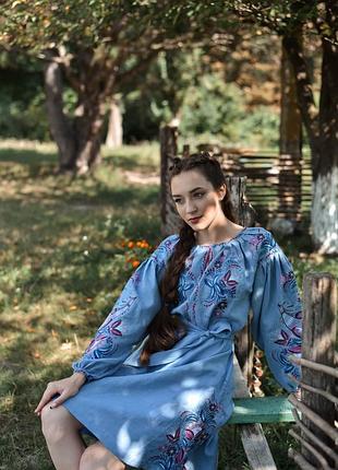 4610 коротка ексклюзивна лляна жіноча сукня вишиванка з парної колекції " на крилах кохання "