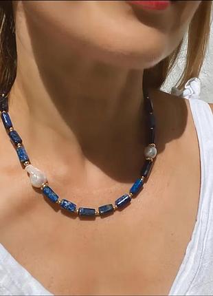 💙🐚 колье-чокер из натурального камня лазурит и искусственных барочных жемчужин