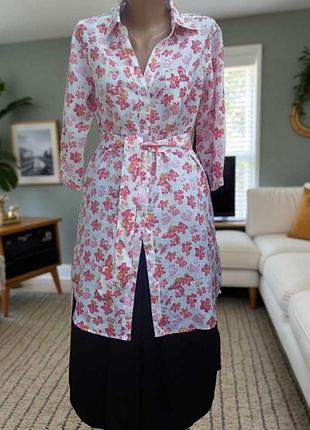 Длинная рубашка туника пояс лен цветы принт классика романтика chamarel база офис работа