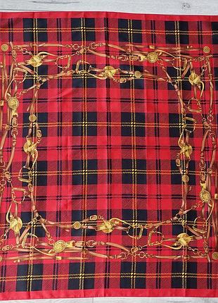 Красный винтажный платок в клетку, принт цепи (86 см на 87 см)