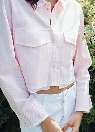 Рожева поплінова сорочка у смужку оверсайз zаrа розмір m