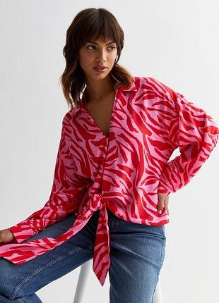 Рубашка сорочка яркая летняя розовая в принт зебры с завязками вискоза