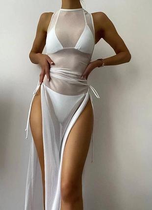 555 белый купальник на завязках треугольники шторка с черной длинной туникой пляжной