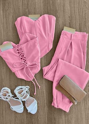 Женский костюм топ корсет на шнуровке завязках с чашками и + брюки штаны молочный белый розовый