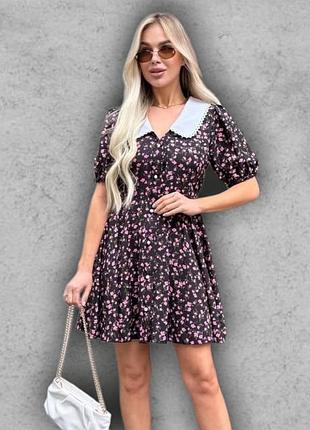 Платье женское летнее мини-короткое с рукавами фонариками с белым воротничком пышная черная