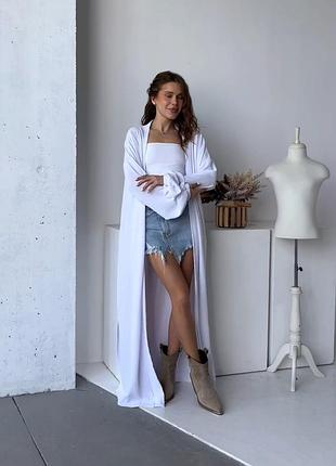 Женский кардиган летний кимоно длинный макси белый черный из жатой ткани дышащий качественный