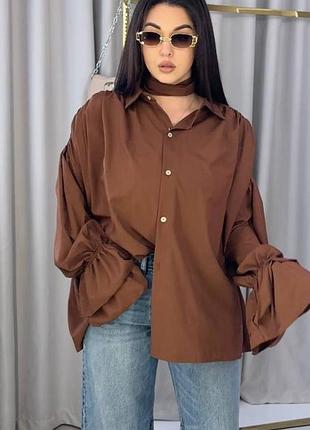 Рубашка женская летняя свободная бохо базовая с воланами на рукавах с поясом шоколадная коричневая