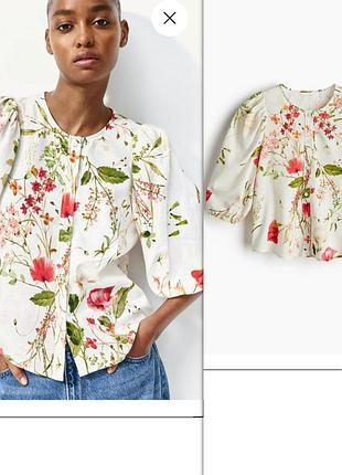 Блуза из льняной смеси в цветочный принт с обьемными рукавами h&amp;m