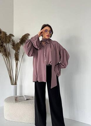 Рубашка женская летняя свободная бохо базовая с воланами на рукавах с поясом капучино