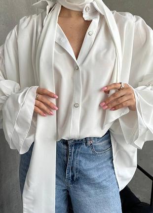 Рубашка женская летняя свободная бохо базовая с воланами на рукавах с поясом белая