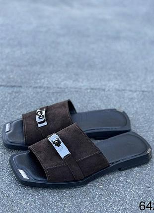 Шлепанцы женские натуральная замша коричневые, замшевые женские шлепки в цвете шоколад 64253