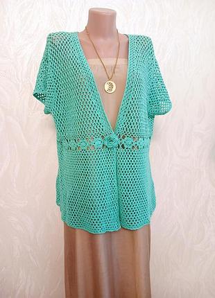 🌿 натуральная бирюзовая ажурная вязаная жилетка накидка