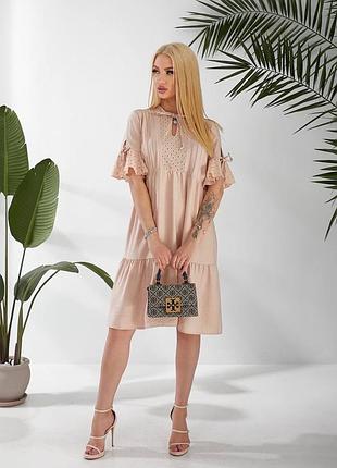 Натуральна лляна сукня міді з прошвою незвичайне літнє плаття