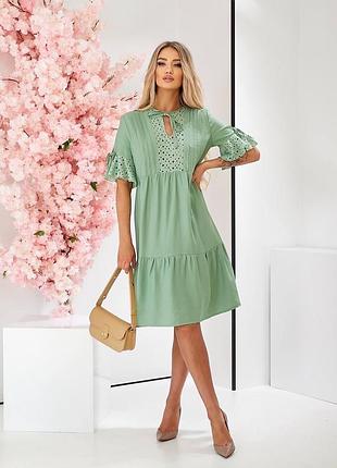 Натуральна лляна сукня міді з прошвою незвичайне літнє плаття