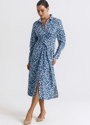 Сукня-сорочка міді софт принт молочний леопард на синьому
