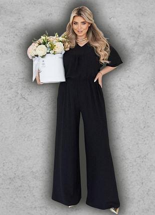 Комбинезон брючный женский летний большого размера батальон с короткими рукавами трикотажный черный