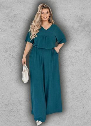 Комбинезон брючный женский летний большого размера батальон с короткими рукавами трикотажный волна