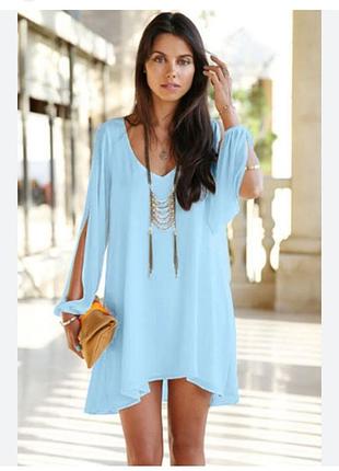 💠 легкое небесно-голубое асимметричное туника платье с разрезами на рукавах