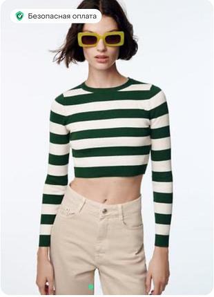 Жіноча вкорочена кофта zara в полоску зелена розмір s