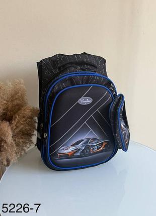 Рюкзак школьный черный синий для мальчиков 1-5 классов с пеналом из полиэстра с рисунком