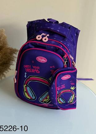Рюкзак школьный синий розовый для девочек 1-5 классов с пеналом из полиэстра с рисунком