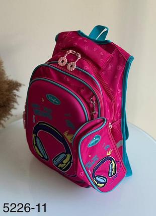 Рюкзак школьный розовый голубой для девочек 1-5 классов с пеналом из полиэстра с рисунком