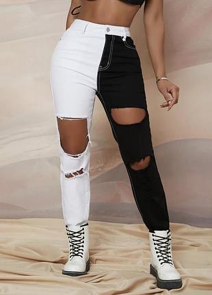 Джинсы сплит двухцветные черно белые