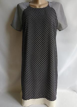 Легкое летнее короткое платье мини туника черное с белым геометрическим принтом короткими рукавами