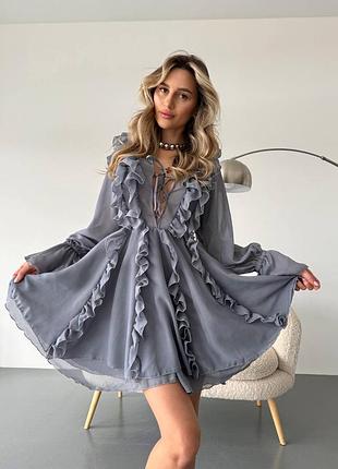 Платье женское летнее бохо шифоновая короткая с воланами на связках с двойной юбкой платье серое