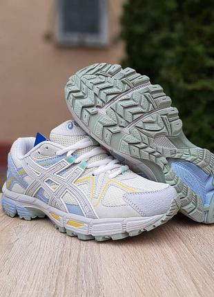 Жіночі стильні кросівки. asics gel kahana 8. (білі з блакитним та жовтим).