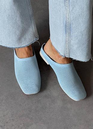 Блакитні натуральні замшеві мюлі з наскрізною перфорацією квадратним носом замша