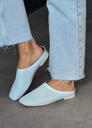 Блакитні натуральні шкіряні мюлі з наскрізною перфорацією квадратним носом шкіра