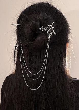 Шикарна китайська паличка для волосся, шпилька троянда з підвісками 🌹