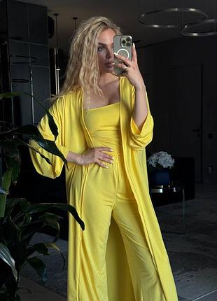 Элегантный костюм тройка масло топ бандо штаны палаццо прямые кардиган в пол