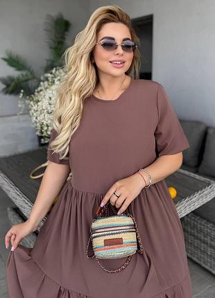Летнее однотонное свободное платье с коротким рукавом меди