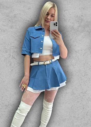 Костюм женский летний джинсовый короткий пиджак жакет с короткими рукавами юбка шорты мини синий