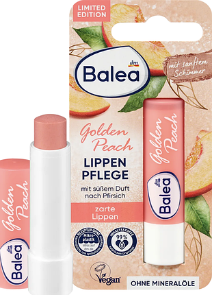 Бальзам для губ з маслом ши та ароматом персика balea lippenpflege golden peach 4,8 г