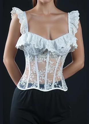 Утягивающий корсет с косточками кружевной на завязках топ корсетный новый с кружевом вечерний шелковый черный белый винтажный
