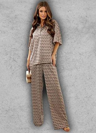 Костюм брючный женский летний шелковый брюки широкие штаны палаццо блуза футболка туника шоколад